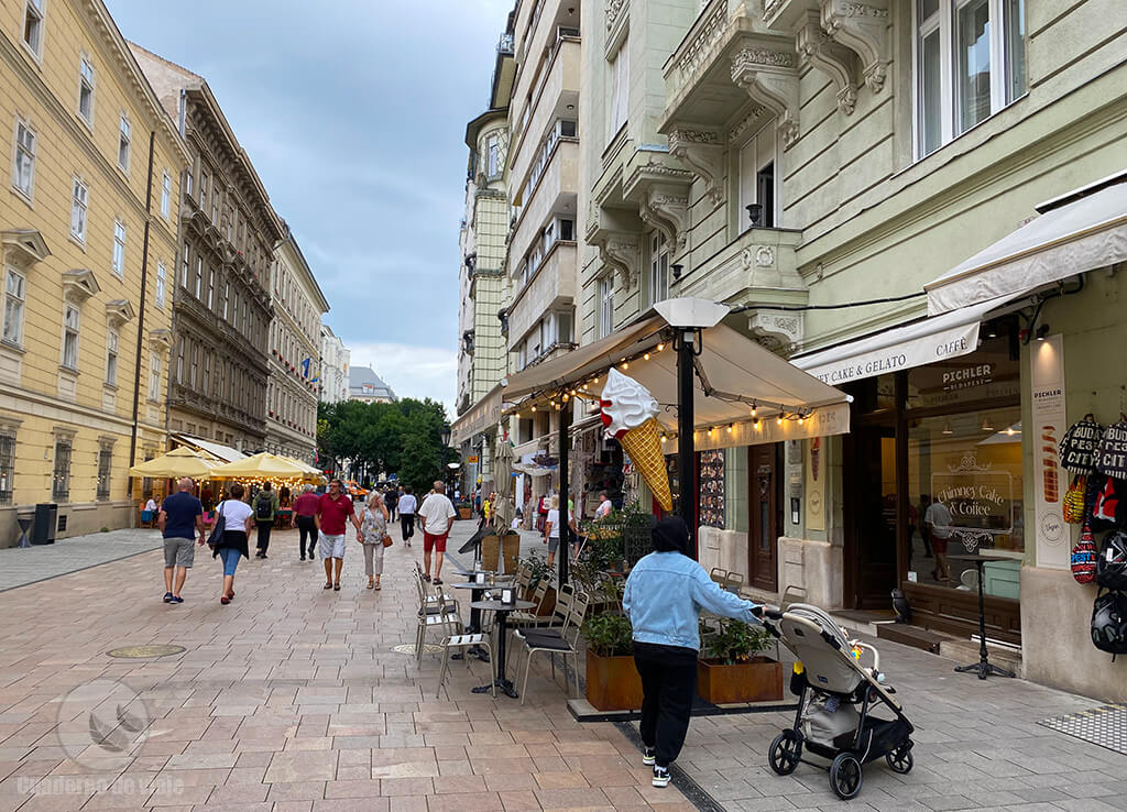 La calle peatonal de Váci utca llena de tiendas La calle peatonal de Váci utca llena de tiendas