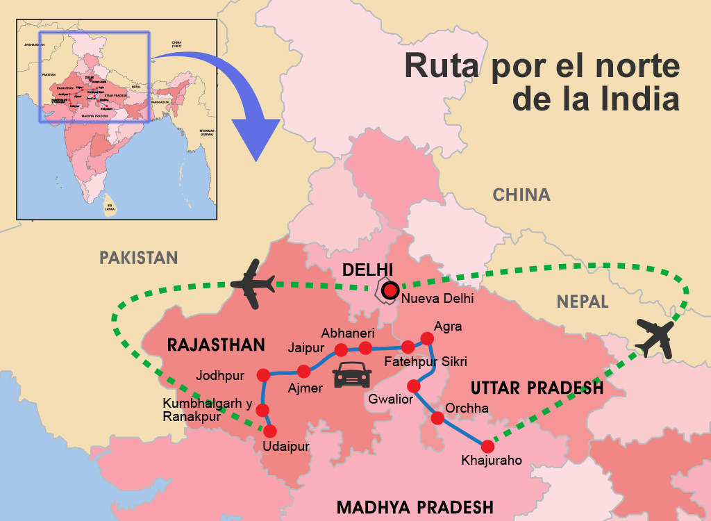 Mapa de nuestro itinerario por el norte de la India Mapa de nuestro itinerario por el norte de la India