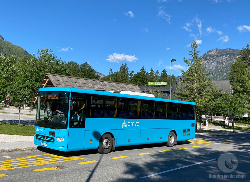 Parada de autobús en Ribčev Laz con la oficina de turismo y el supermercado detrás Parada de autobús en Ribčev Laz con la oficina de turismo y el supermercado detrás